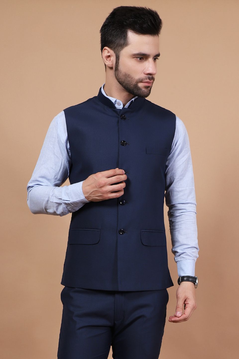 Polyester Cotton Blue Vest and Trouser Set