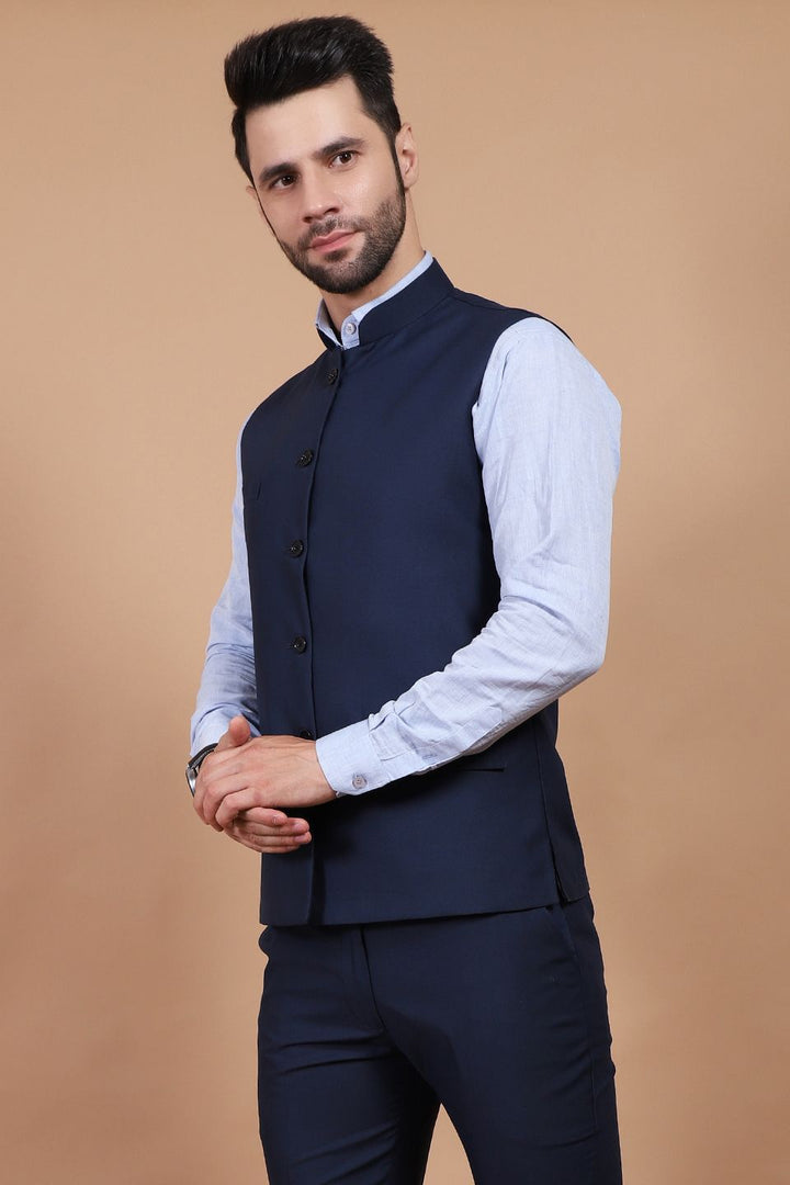 Polyester Cotton Blue Vest and Trouser Set