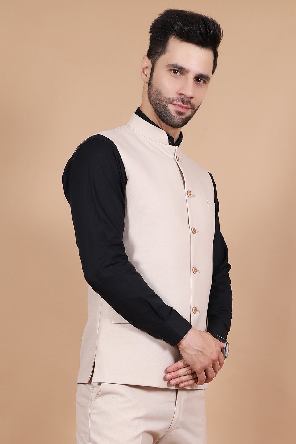 Polyester Cotton Beige Vest and Trouser Set