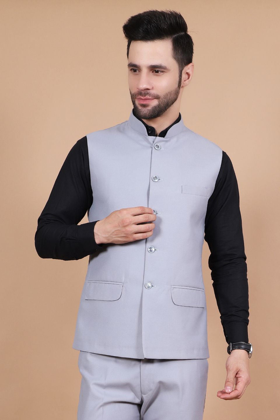 Polyester Cotton Grey Vest and Trouser Set