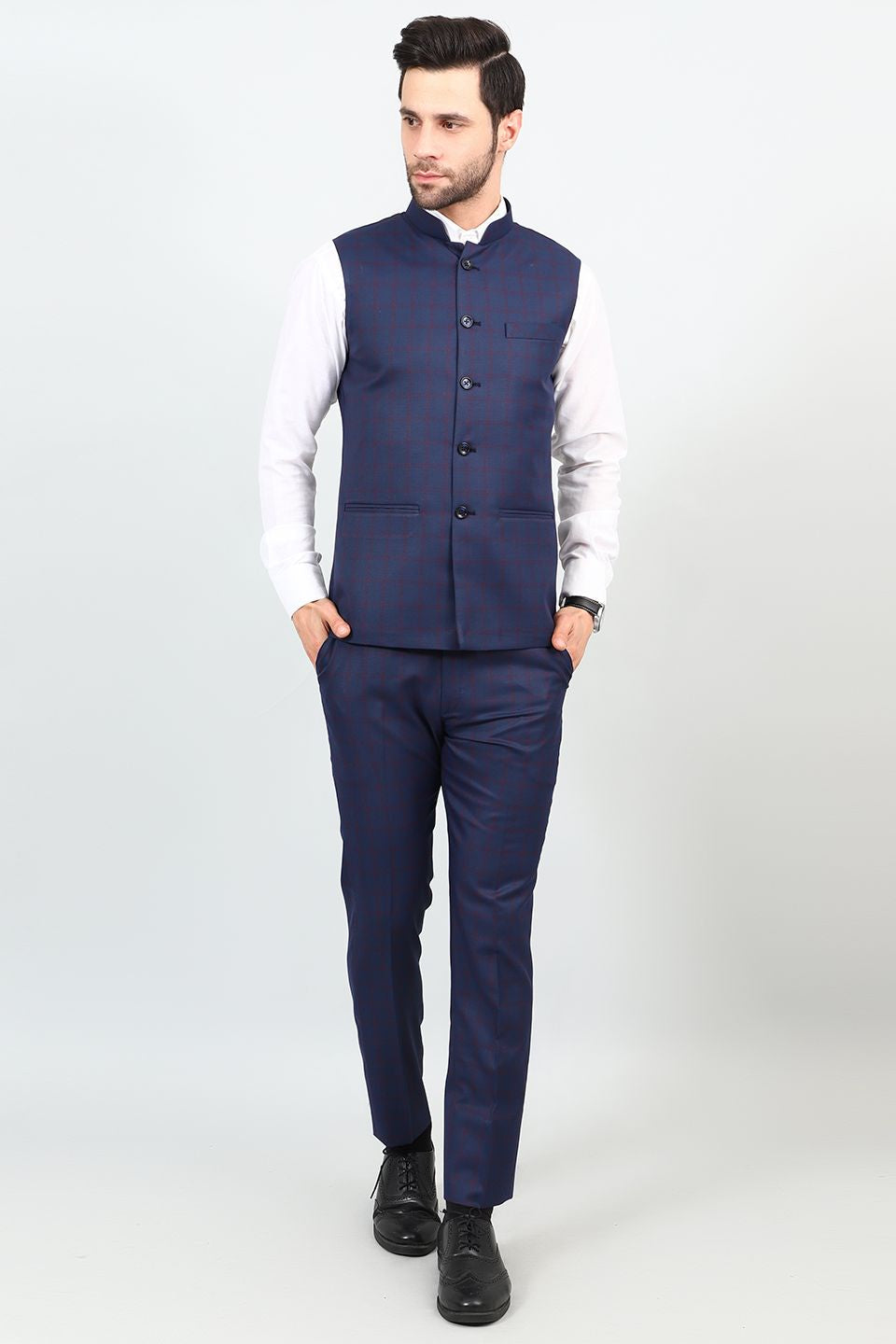 Poly Viscose Blue Vest and Trouser Set