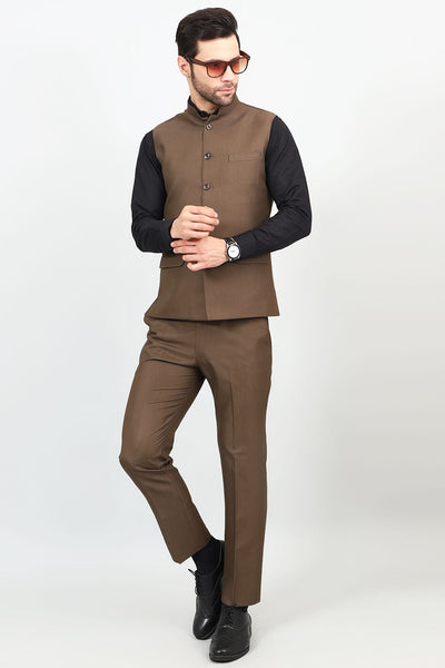 Poly Viscose Brown Vest and Trouser Set