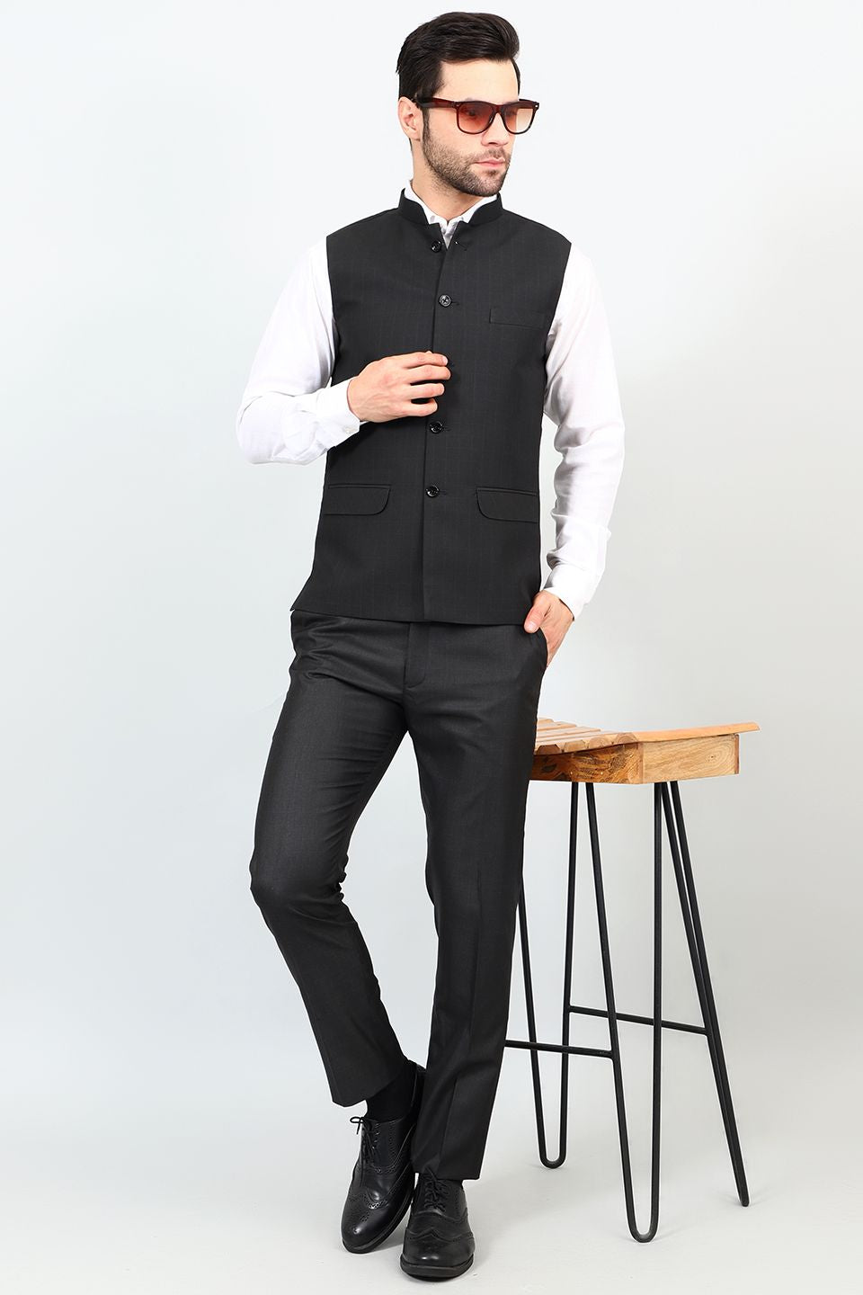 Poly Viscose Black Vest and Trouser Set