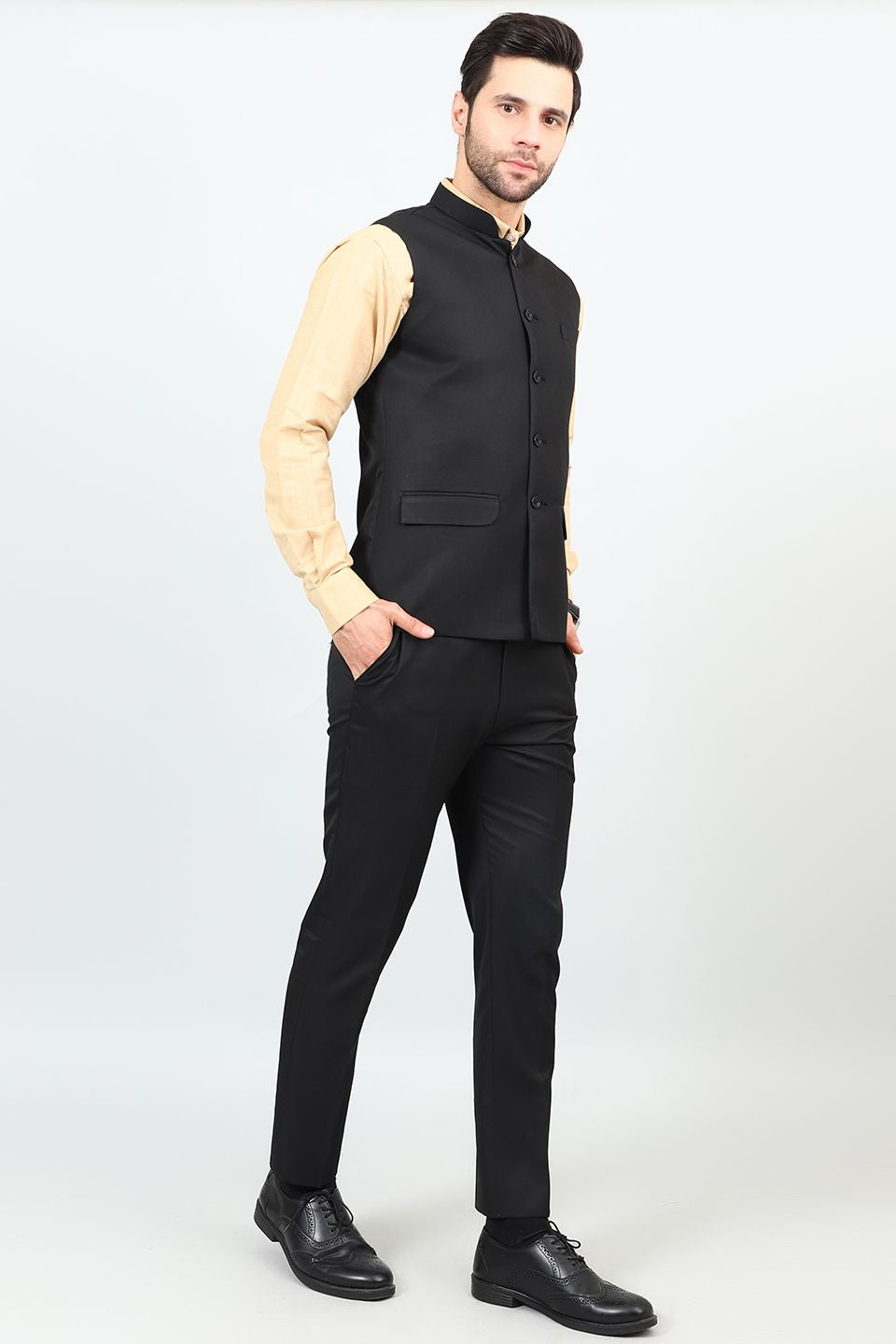 Poly Viscose Black Vest and Trouser Set