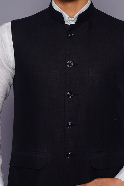 Wintage Men's Pure Linen  Vest & Pant Set: Black